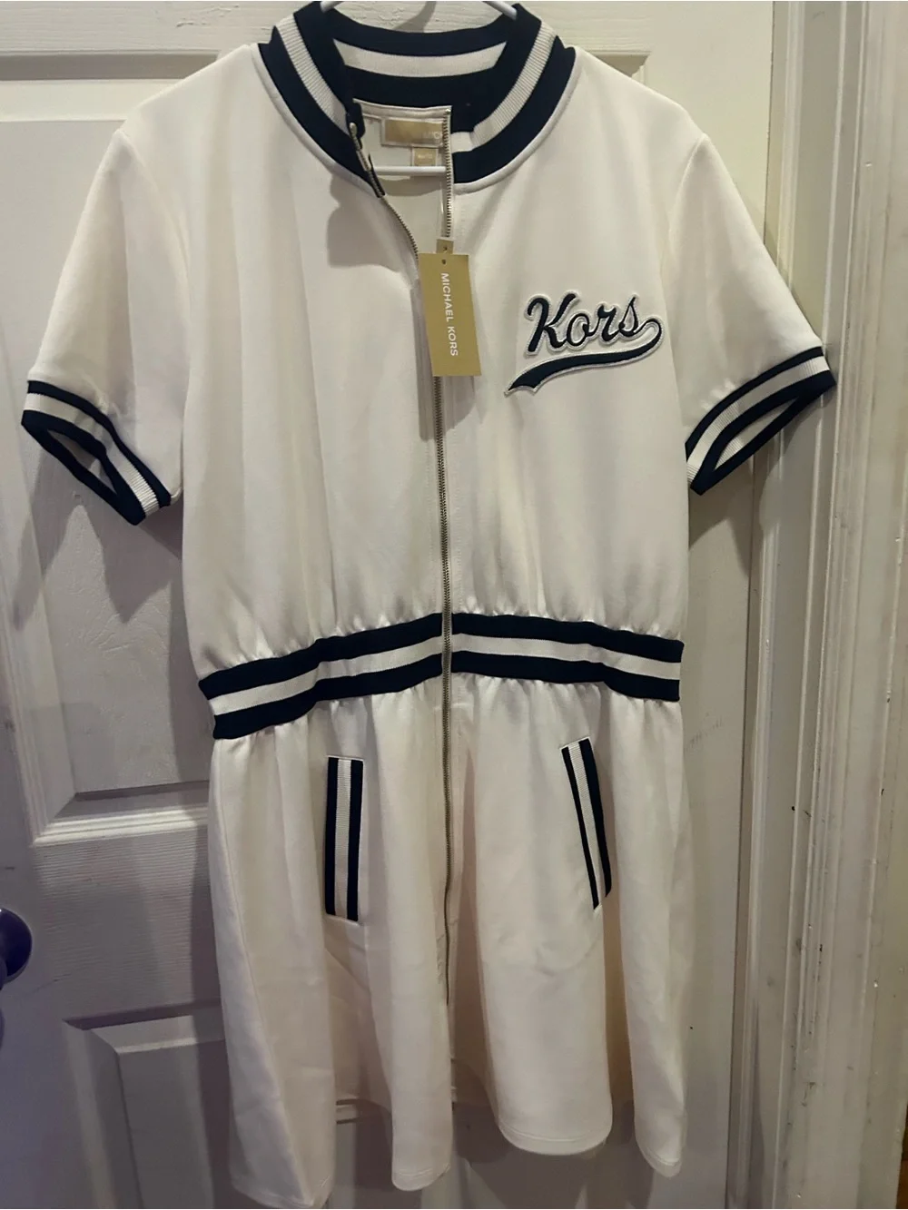 Michael Kors Cream One-Piece Zip Dress with Navy Trim